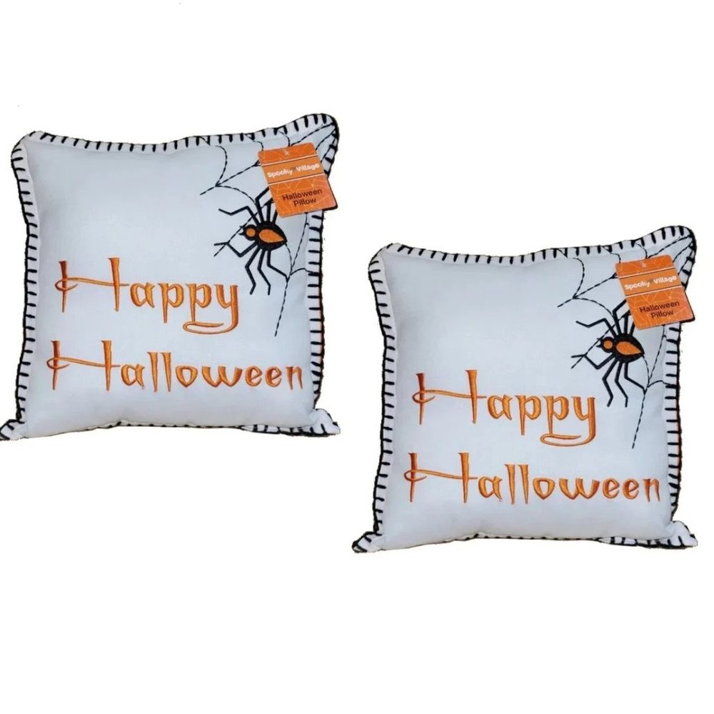Set of TWO Spooky Village Embroidered Halloween Pillows
